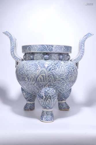 A CHINESE BLUE AND WHITE TRIPOD CENSER, MIN…