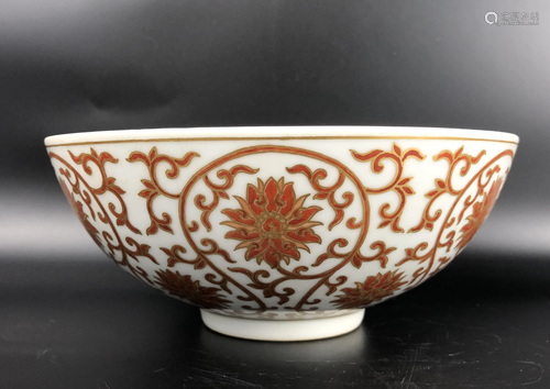 A CHINESE IRON RED GLAZED BOWL WITH MARK, …