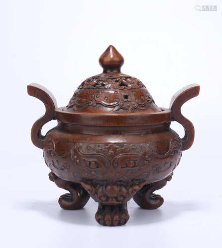 A CHINESE CARVED BAMBOO TRIPOD CENSER A…