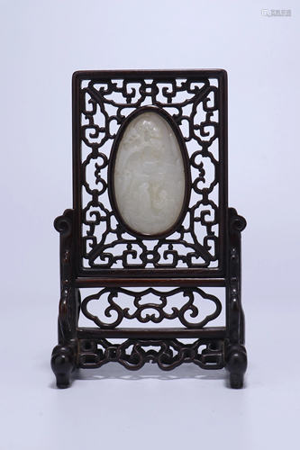 A CHINESE INLAID FINE WHITE JADE ROSEWOOD FRA…