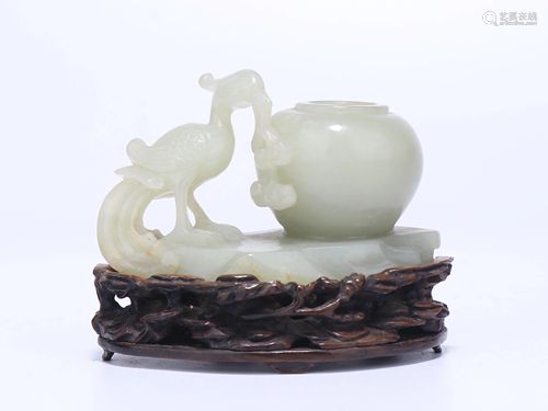 A CHINESE FINE WHITE JADE WATER POT WITH WOO…