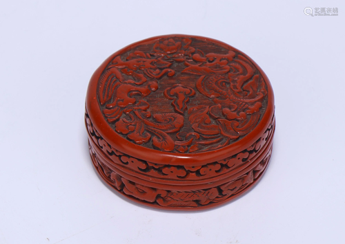 A CHINESE CARVED RED LACQUER BOX AND COVER, …