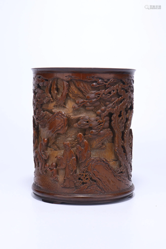 A CHINESE BAMBOO BRUSH POT CARVING SAGES,…