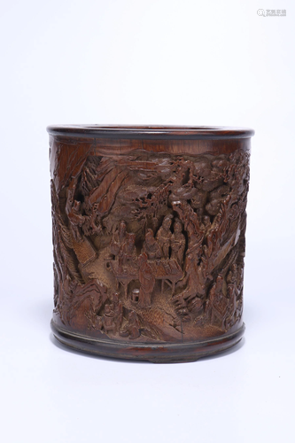 A CHINESE BAMBOO BRUSH POT CARVING SAGES,…