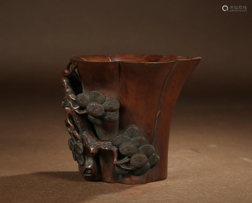 A CHINESE CARVED PINE TREES ROSEWOOD CUP…