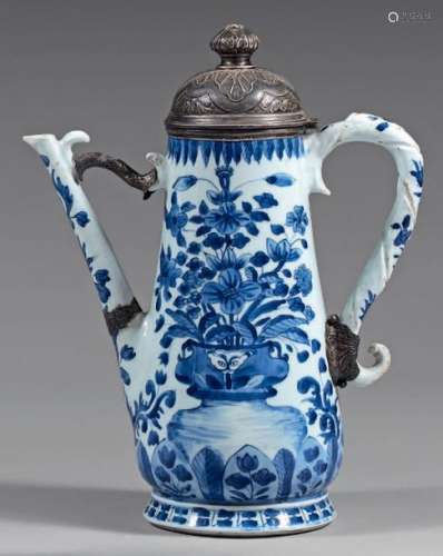 Large Chinese porcelain ewer with silver frames. K…