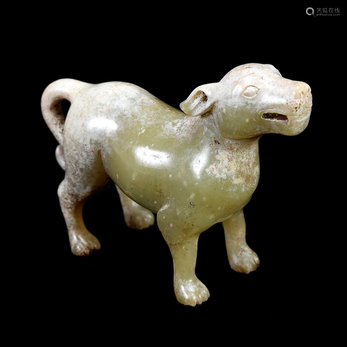 Chinese Pale Green and Russet Jade Carving of a Dog.