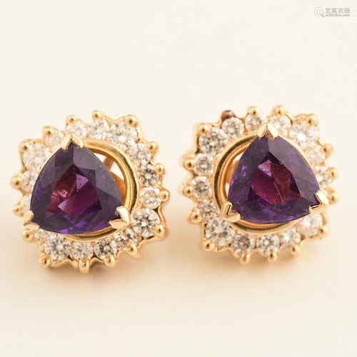 Pair of Amethyst, Diamond, 14k Yellow Gold Ear…