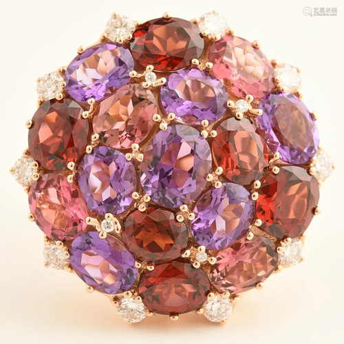 French Pink Tourmaline, Garnet, Amethyst, Diamond, 18k