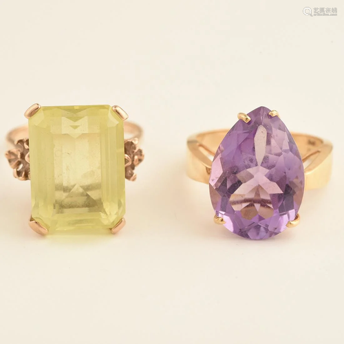 Collection of Two Quartz, 14k Yellow Gold Rings.