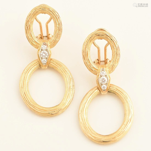 Pair of Diamond, 14k Yellow Gold Earrings.