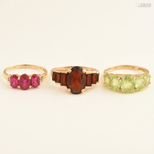 Collection of Three Multi-Stone, Yellow Gold Rings.