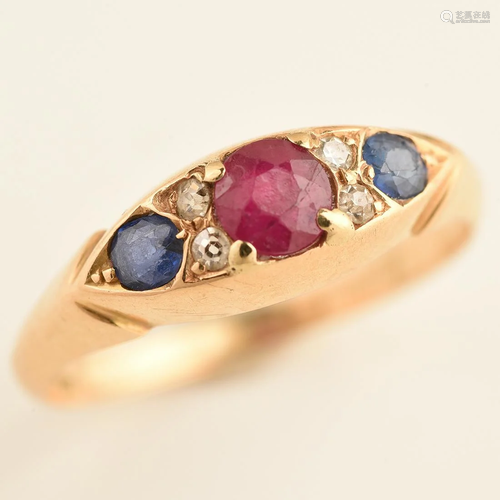 Ruby, Sapphire, Diamond, 18k Yellow Gold Ring.