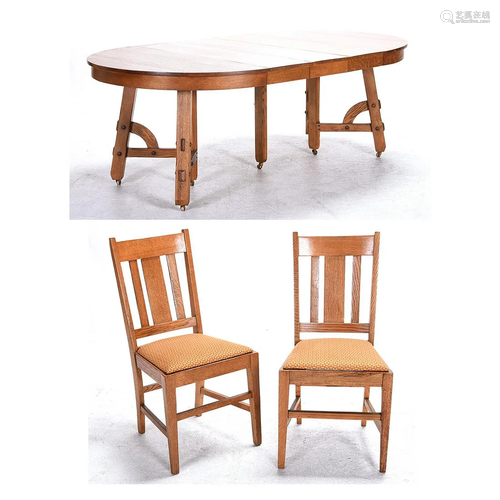 Mission Style Oak Dining Table with Six Chairs.