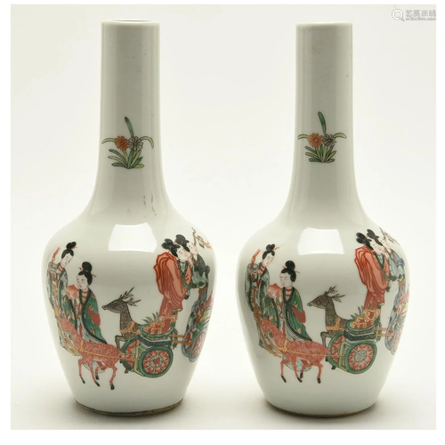 Pair of Famille Rose Stickneck Figural Vases.