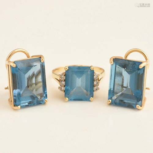 Blue Topaz, Diamond, 14k Yellow Gold Jewelry Suite.