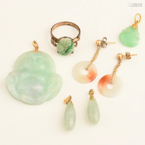 Collection of Six Jade, 14k Yellow Gold, Metal Jewelry