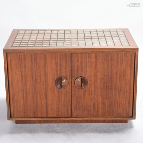 John Kapel Walnut Tile-Inset Sideboard Cabinet.