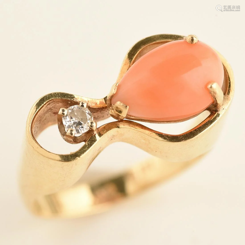 *Coral, Diamond, 14k Yellow Gold Ring.