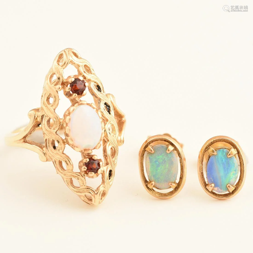 Opal, Garnet, 14k Yellow Gold Jewelry Suite.