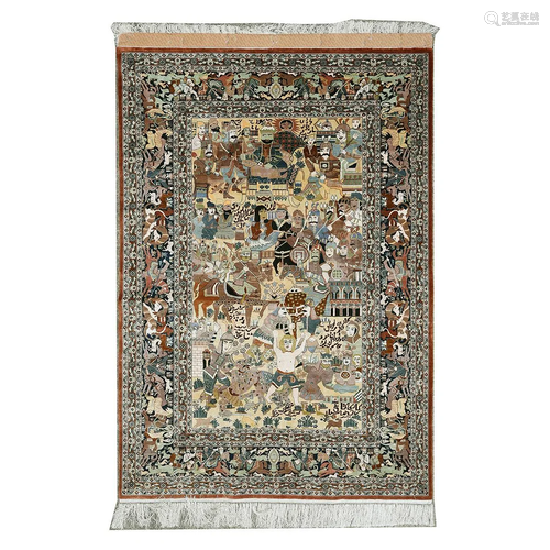 Kashan Silk Rug with Figural and Animal Design.