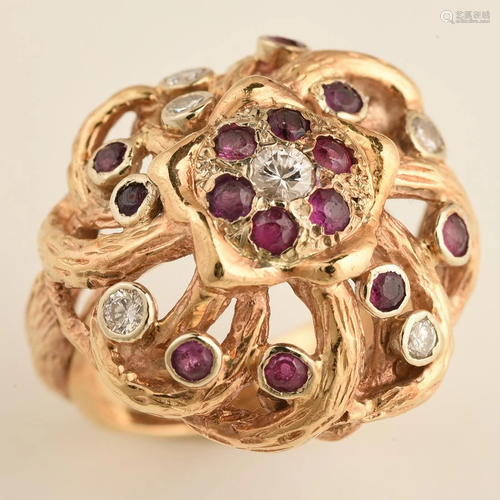 Diamond, Ruby, 14k Yellow Gold Ring.