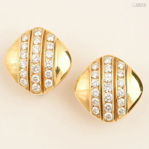 Pair of Diamond, 18k Yellow Gold Earrings.