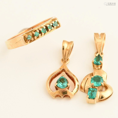 Collection of Three Emerald, 18k Yellow Gold Jew…