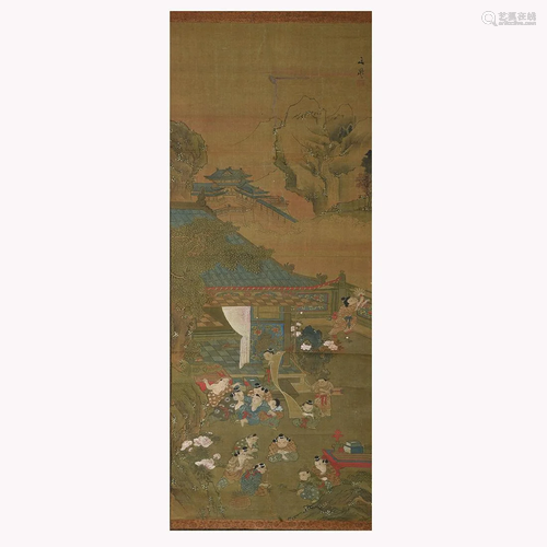 Japanese Hanging Scroll with Children at Play.