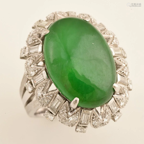 Natural 'A' Jadeite Jade, Diamond, Platinum Ring.