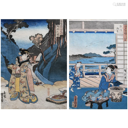 Two Framed Japanese Woodblocks, by Kunisada and