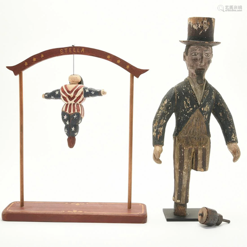 Two Folk Art Carved Wood Figures, Uncle Sam and…