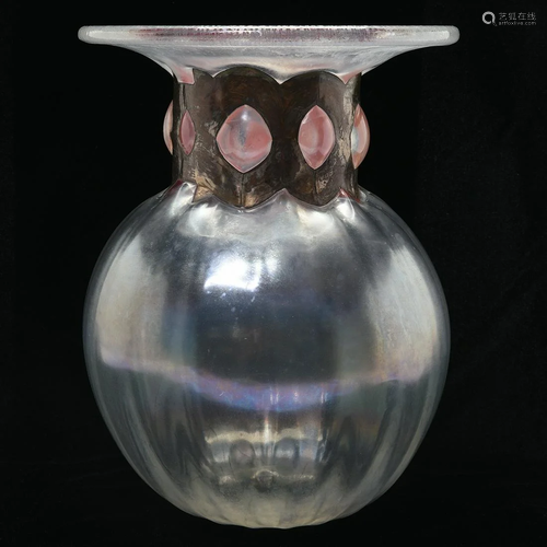 Studio Glass Blown and Silver Metal Vase