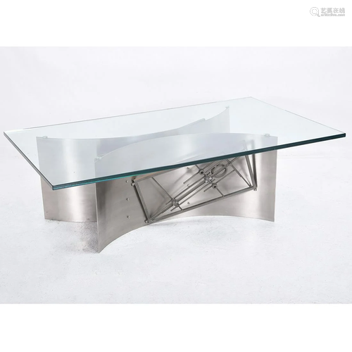 Brutalist Steel and Glass Coffee Table.