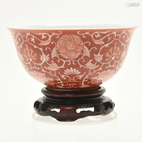 Chinese Coral Ground Porcelain Lotus Bowl with Qia…