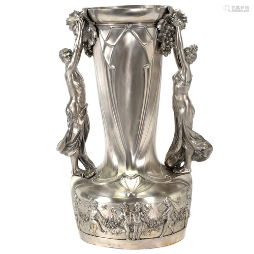 Monumental WMF Jugendstil Figural Pewter Vase.