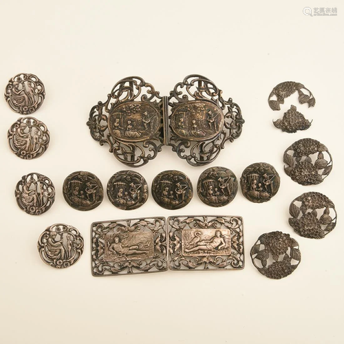 Collection of Vintage Silver Buttons and Belt Buckles.