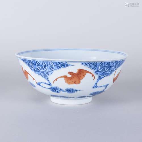 A BLUE AND WHITE IRON-RED GLAZED 'BAT' BOWL, GUANGXU PERIOD