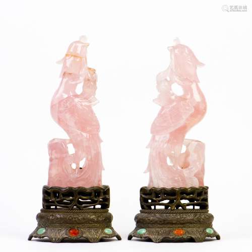 A PAIR OF CRYSTAL PHOENIX WITH ORIGNAL BASE, QING DYNASTY