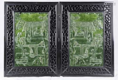 A PAIR OF 'FIGURE' JADE INLAID PANELS IN FRAMES, 20TH CENTURY