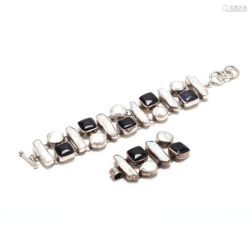 A Silver, Gem-Set Bracelet and Pendant