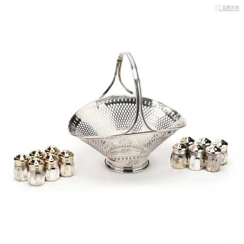 Sterling Silver Basket with Set of Silverplate Shakers