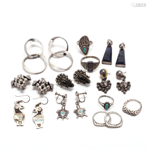 Group of Silver Earrings and Rings