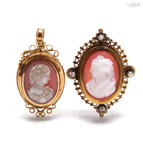 Two Gold Cameo Pendants / Brooches