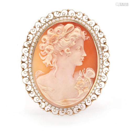 Large Gold Cameo and Seed Pearl Brooch