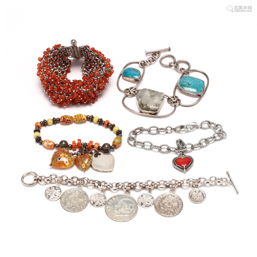 Five Silver and Gem-Set Bracelets