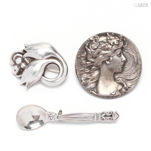 Two Sterling Silver Georg Jensen Brooches and an Art