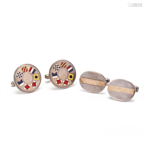 Two Pairs of 18KT Gold and Sterling Silver Cufflinks,