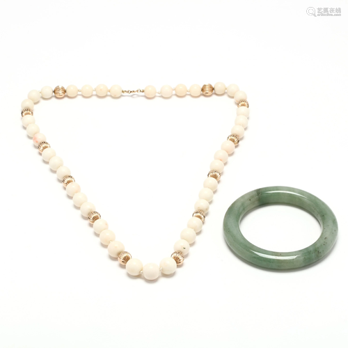 A Gold and Coral Necklace and a Jade Bangle …