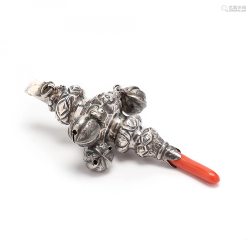 Victorian Silver Baby Rattle with Coral Teether